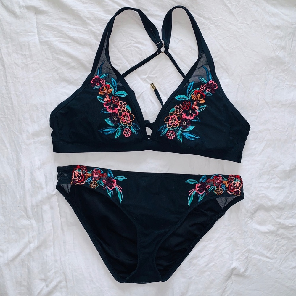 Black bikini with floral embroidery